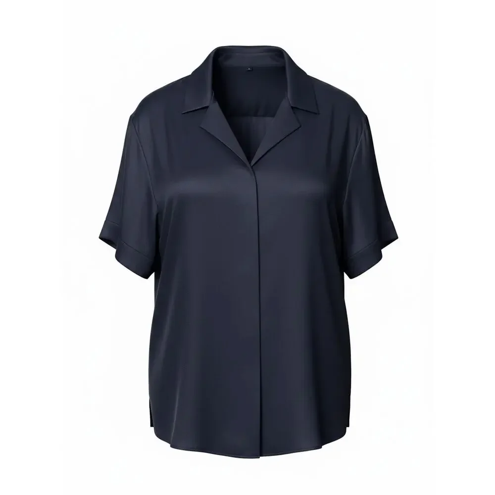 Quince Washable Stretch Silk short Sleeve Notch Collar Blouse Navy Blue Sz L NWT